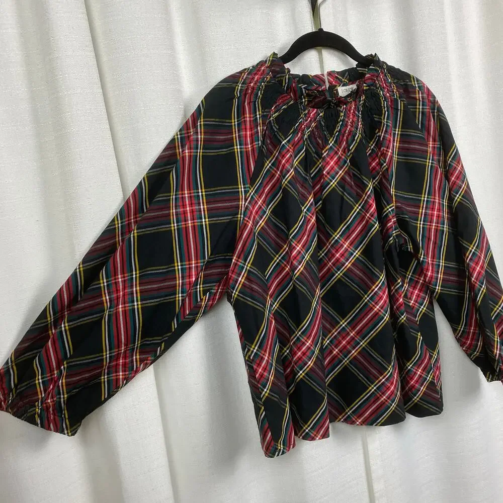 J.Crew Black&Red Holiday Plaid Puff Sleeve Blouse Sz.L NWT